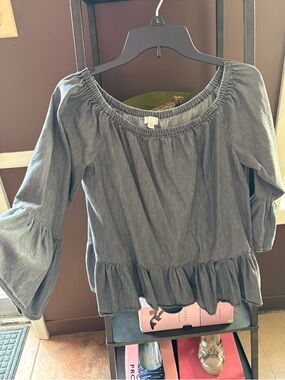 Denim-Look Peasant Blouse in Faded Blue